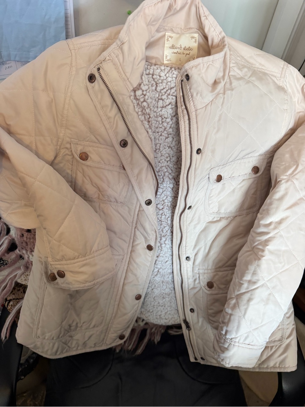 Altar’d State Womens Large Quilted Sherpa Lined Jacket Ivory Cream Utility